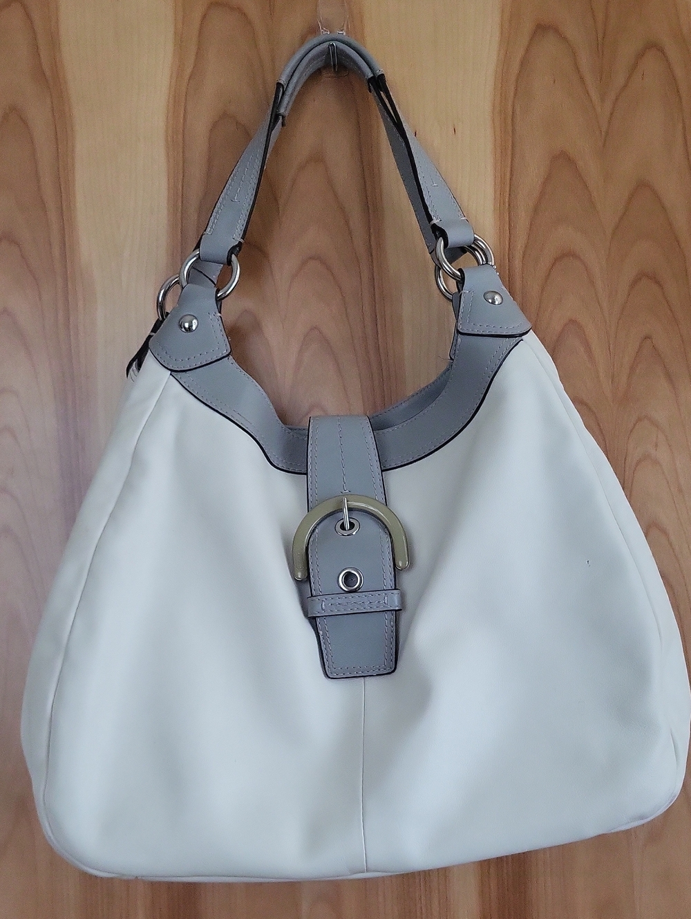 Coach Cream and Gray Leather Shoulder Hobo with Buckle Detail